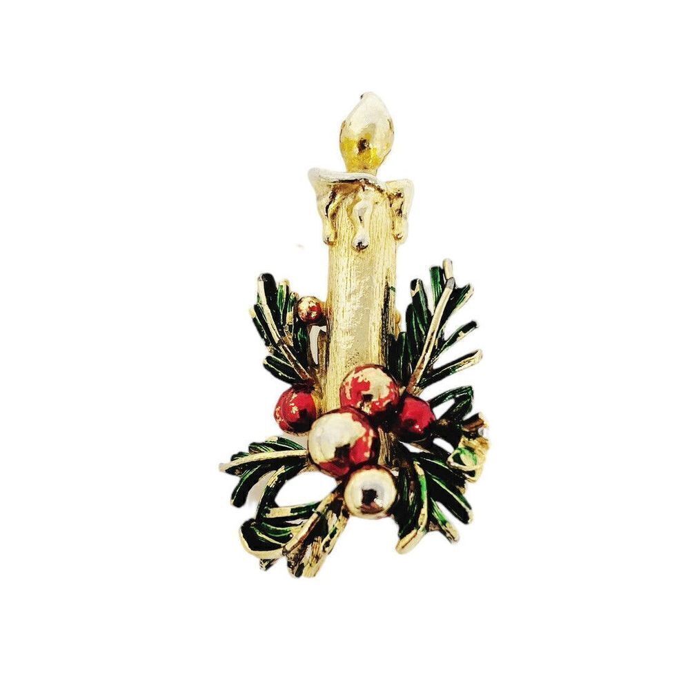 Vintage Fabulous ST LABRE signed Christmas‎ candle Brooch Pin Holly Berry